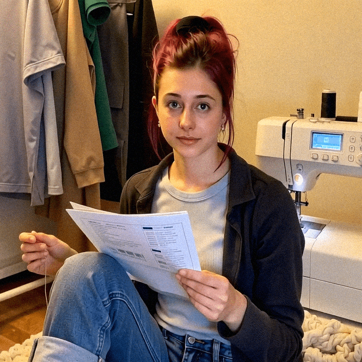 Emma-Jane MacKinnon-Lee at the sewing machine in the summer